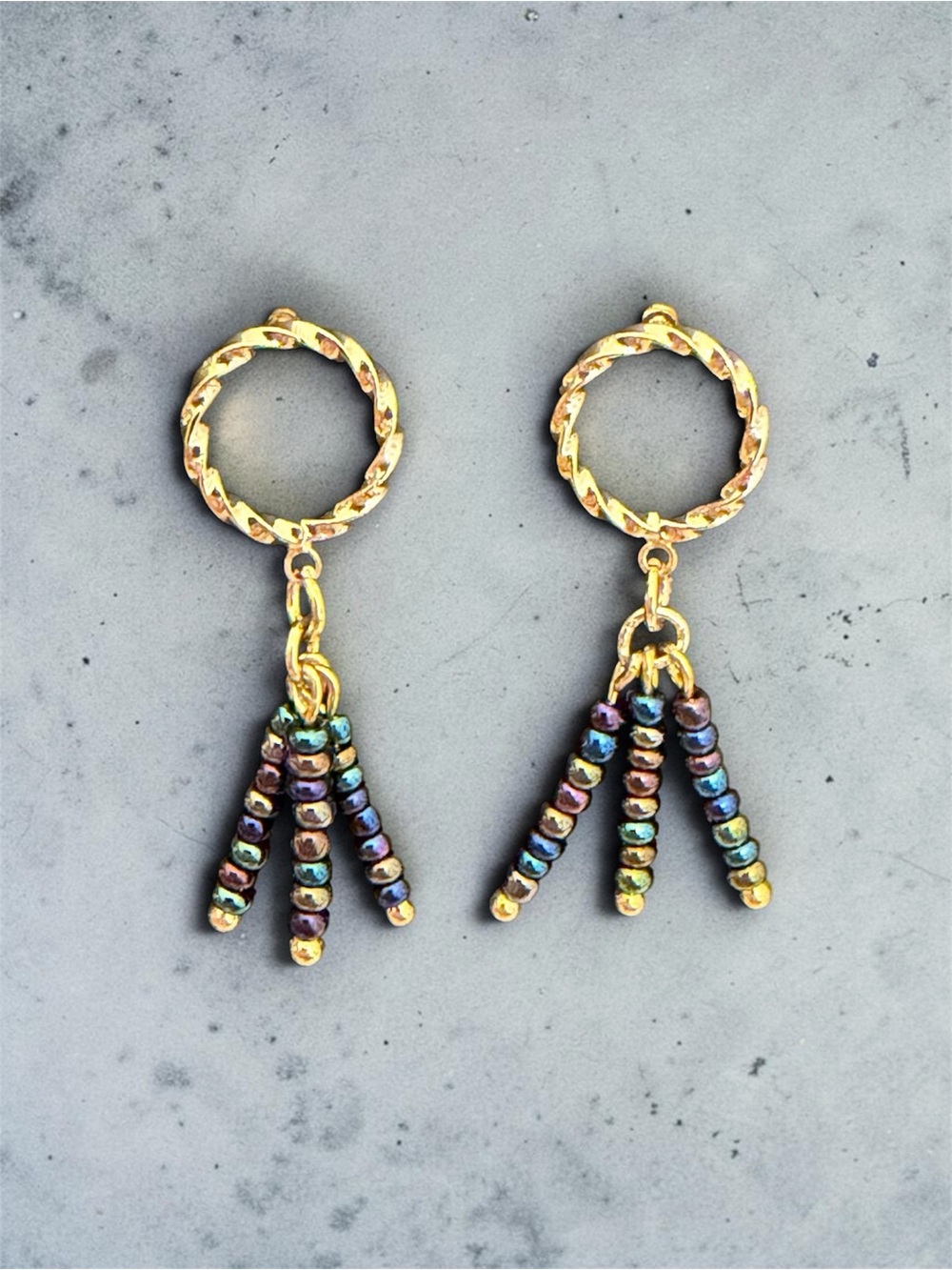 Hand Crafted Gold Hoop Earrings with Iridescent Multicolor Beads